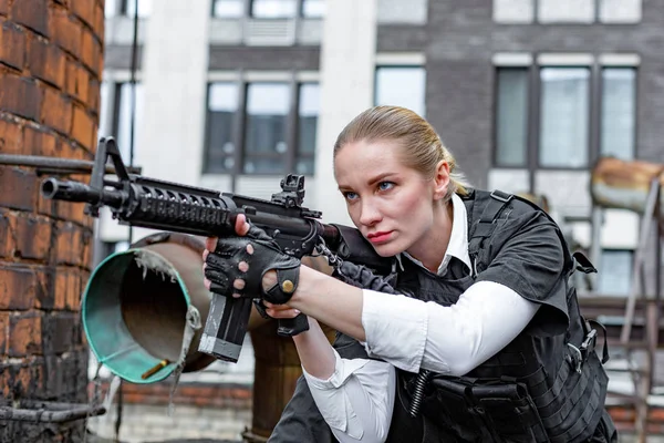 Powerful Woman Holding Gun. War Action Movie Style