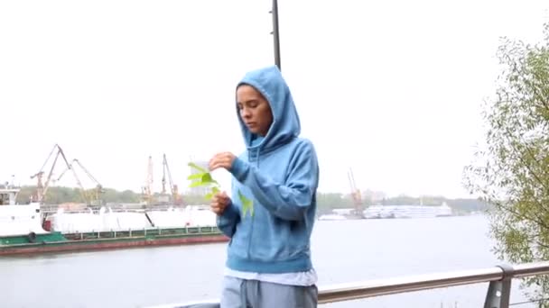 Mulher bonita andando ao longo do dique do rio na chuva segura ramo com folhas em suas mãos ela gosta de adivinhar Ama ou não ama . — Vídeo de Stock