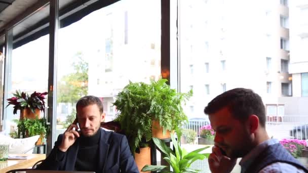 Two businessmen sitting at cafe table, using laptop, and talking by smart phone — Stock Video