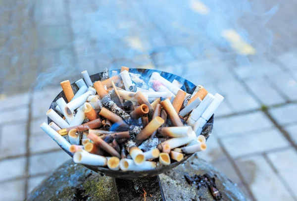 Сигарети в попільничці. Крупним планом купа багатьох курильних сигарет, сигаретних прикладів в попільничці — стокове фото