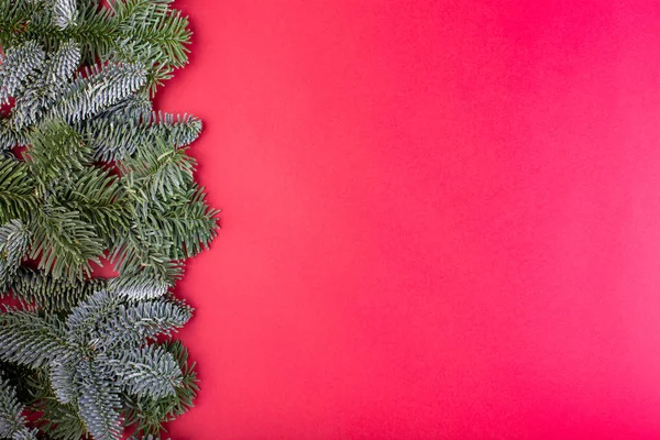 Boże Narodzenie składu. Dekoracje na Boże Narodzenie, czerwony, gałęzie drzewa jodły z zabawkami pudełeczka na czerwonym tle. Płaskie świeckich, góry widok, miejsce — Zdjęcie stockowe