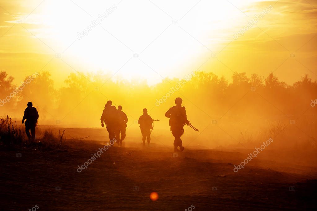 silhouette action soldiers walking hold weapons the background is smoke and sunset and white balance ship effect dark art style