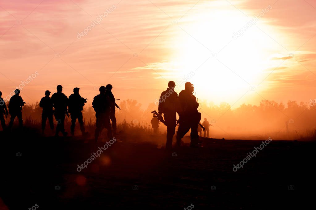 silhouette action soldiers walking hold weapons the background is smoke and sunset and white balance ship effect dark art style