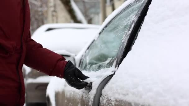 Man skaka bort snö från snöiga ben innan sitta i bilen och köra bort — Stockvideo