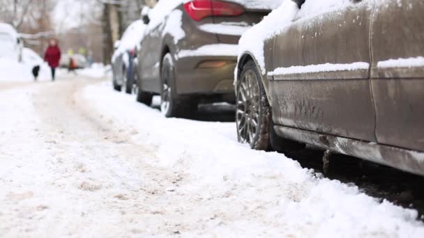 Uomo uscire da una macchina in una giornata nevosa - Traffico invernale — Video Stock