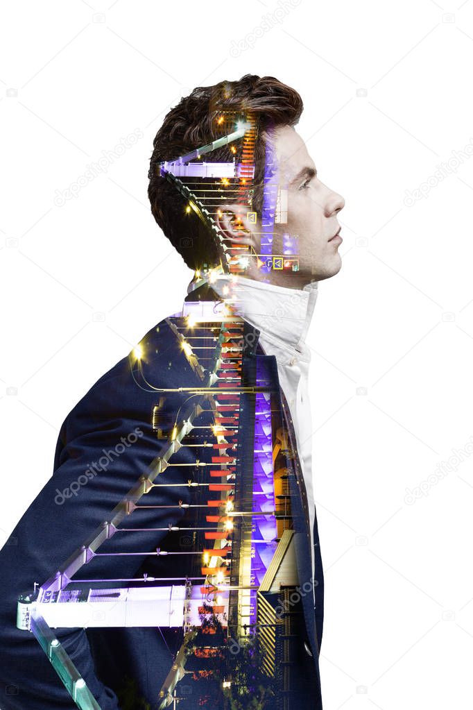 Double exposure effect of office man and panoramic modern city skyline. Business concept, information, communication, connection technology.