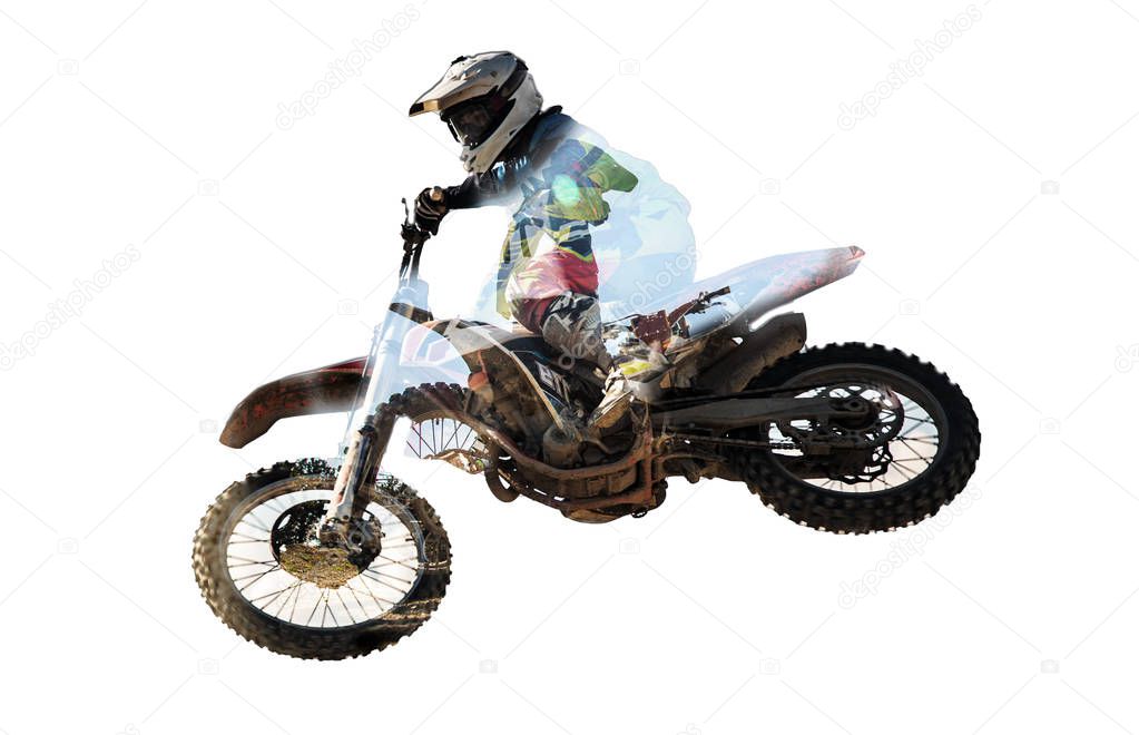 Racer on motorcycle participates in motocross cross-country in flight, jumps and takes off on springboard against sky. Concept active extreme rest.