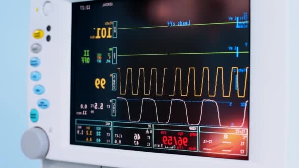 Control de la condición de los pacientes, signos vitales en el monitor de la UCI en el hospital. Monitor médico de UCI con signos vitales para los pacientes — Vídeos de Stock