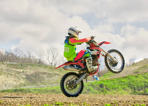 Fietser op motorfiets stunts terwijl het drijven op het achterwiel zijaanzicht — Stockfoto