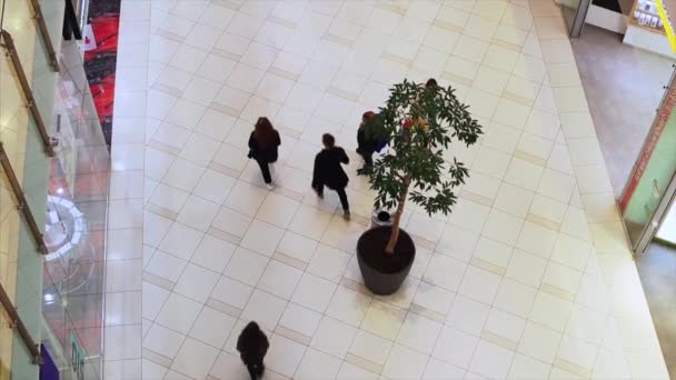 Top view of walking people in large hall of modern building interior in shopping mall. — Stock Video