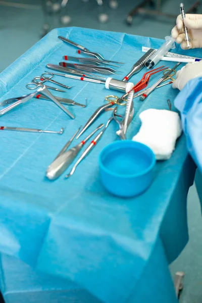 Primer plano de las manos del médico durante la cirugía en el quirófano. Instrumentos de cirugía estéril utilizados en una operación real. El foco está en la fila de asas de abrazadera . — Foto de Stock