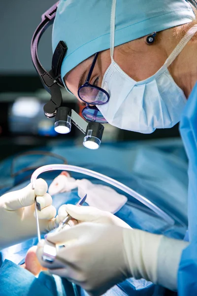 Cirurgião e seu assistente realizando cirurgia estética no nariz na sala de cirurgia do hospital. Reformulação do nariz, aumento. Rinoplastia . — Fotografia de Stock