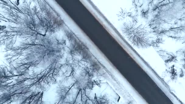 Téli szezon. Havas erdő, légi felvétel. Lélegzetelállító természeti táj, fagyott erdő és sötét út vezet az erdőbe.. — Stock videók