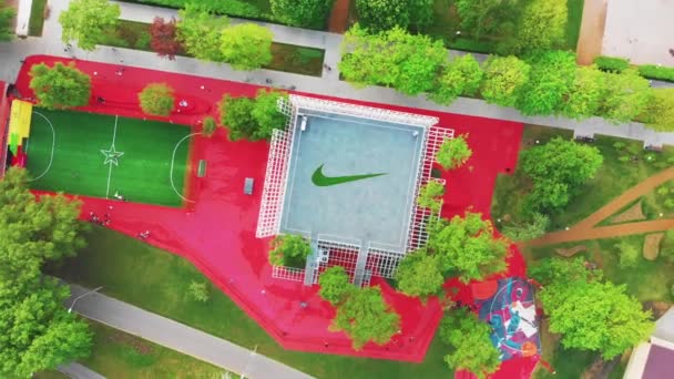 Moscow, Russia May 08, 2019. A sports field with a Nike logo, top view, aerial shooting. The concept of sports, work out. sport for all — Stock Video