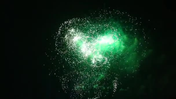 Grüne Feuerwerkskörper. Buntes Feuerwerk am Nachthimmel. Viele Blitze. — Stockvideo