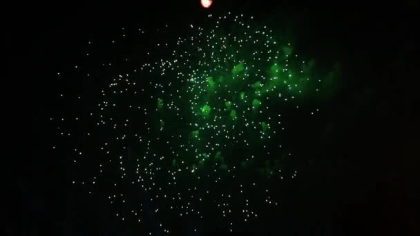 Flashes verdes de fogos de artifício. Fogos de artifício coloridos no céu noturno. Muitos flashes . — Vídeo de Stock