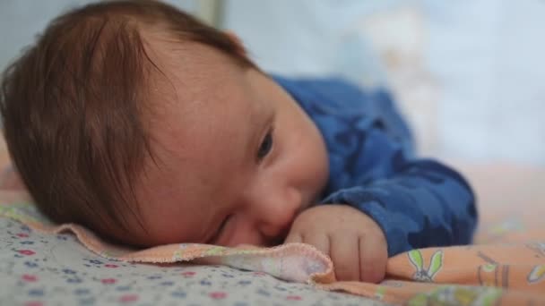Säugling liegt mit großen Augen auf dem Bauch auf einem Bett für Neugeborene. — Stockvideo