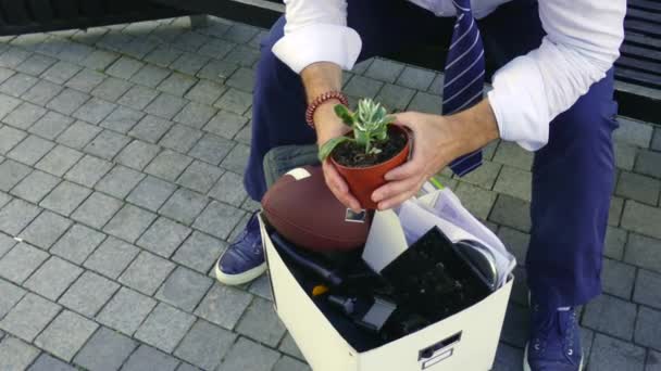 Despido y reclutamiento. Un empleado molesto revisará sus pertenencias personales en una caja mientras está sentado en la calle, despedido del trabajo. Trabajo en corporaciones, despido, depresión, trabajo en la ciudad . — Vídeos de Stock