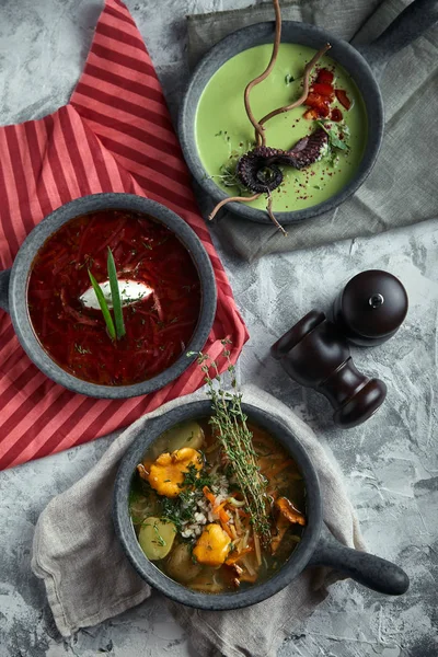 Gray plates with different soups on a gray background. Plate with asparagus soup with octopus, a plate of traditional borscht with sour cream, a plate with mushroom soup and standing on multi-colored — Stock Photo, Image