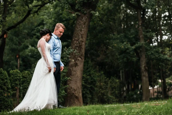 Hermosos novios abrazándose y besándose el día de su boda al aire libre. Concepto boda, nueva familia . — Foto de Stock