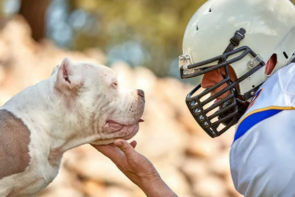 Jugador de fútbol americano con un perro posando en cámara en un parque. Copiar espacio, bandera deportiva. Concepto fútbol americano, deporte para la protección de los animales . — Foto de Stock