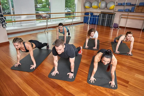 A group of sporting young people in sportswear, in a fitness room, doing push-ups or planks in the gym. Group fitness concept, group workouts, motivation