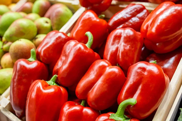 box with red bell pepper. view from above. concept market, gastronomy