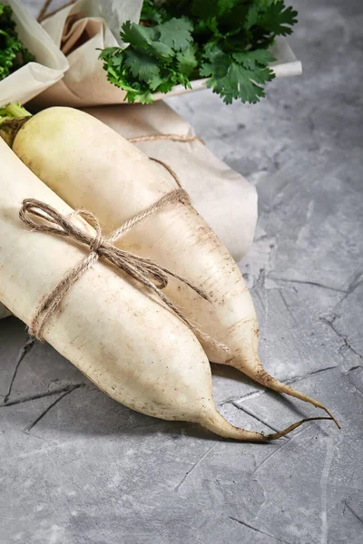 White daikon radish, Organic products, layout for healthy eating and organic restaurant cooking advertising