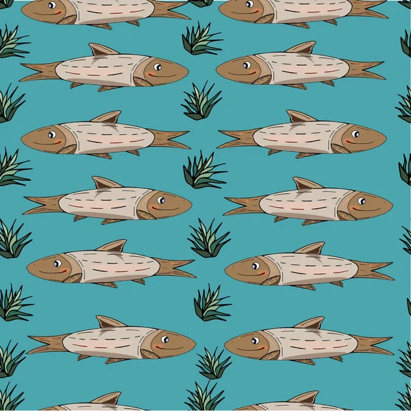 Blaues Muster Zeichentrickfische — Stockvektor