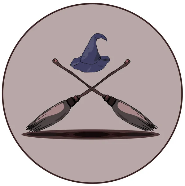 Шляпа Волшебника Две Метлы Магические Символы Круге — стоковый вектор
