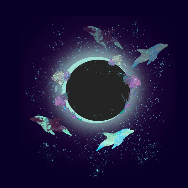 Дельфіни Силует Веселкові Квіти Повний Місяць Акварельна Ілюстрація Космічним Простором — стокове фото