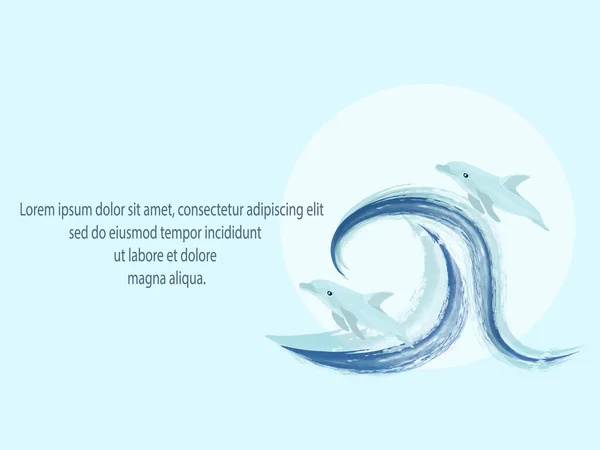 Delfini Che Saltano Onde Blu Sfondo Azzurro Spazio Testo Elemento — Vettoriale Stock