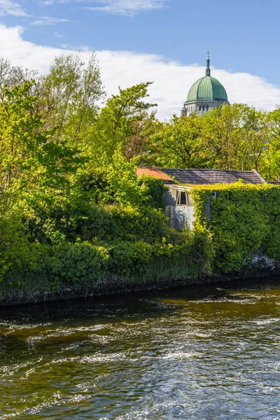 Yan Corrib nehir ve ağaçlar eski evin arka planda, Galway, İrlanda Galway Katedrali ile