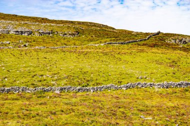 Burren, Ballyvaughan, Clare, İrlanda yol iz içinde tarım alanları taşlı duvar