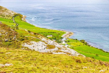 Çiftlikler, plaj ve Galway arka planda, Ballyvaughan, Clare, İrlanda defne