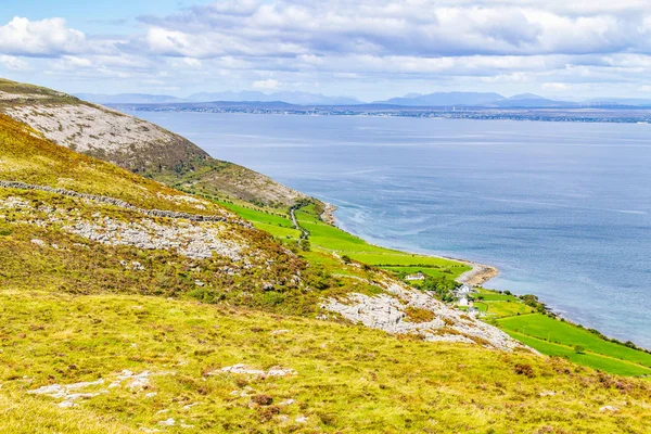 Zemědělské Oblasti Kamenem Stěně Burren Způsobem Stezka Galway Bay Pozadí — Stock fotografie