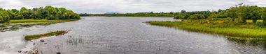 Ağaç yansıması bulutlu bir günde, Castlebar, İrlanda ile bir Gölü Panoraması