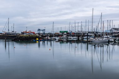 Carrickfergus Harbour tekneler ve yansıma, Antrim, Kuzey İrlanda, İngiltere