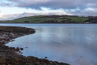 Strangford lough günbatımında çiftlikleri arka planda, Kuzey İrlanda, İngiltere ile