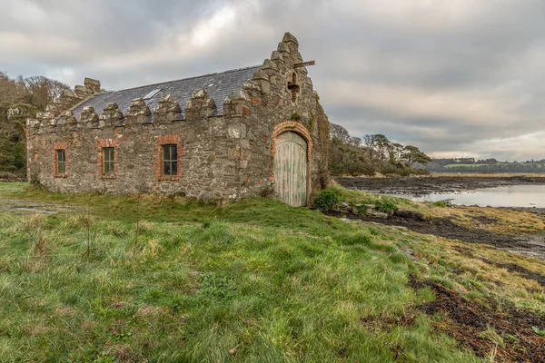 Stone house and Strangford lough, Northern Ireland, UK