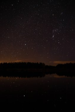 Night sky with starts in a  Conemara lake with Pine Forest aroun