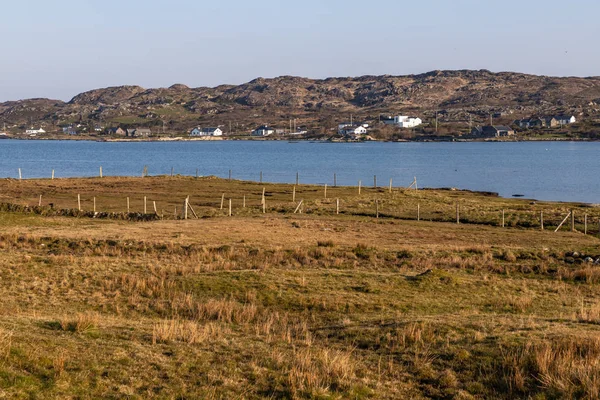 Strandházak, növényzet és sziklák a Clifden-öböl körül — Stock Fotó