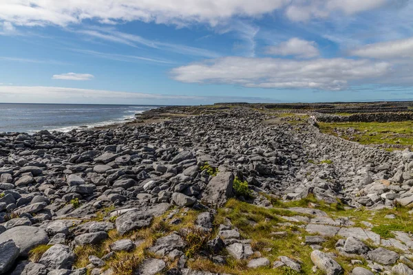 Skalnatá pláž a farmy na ostrově Inisheer — Stock fotografie