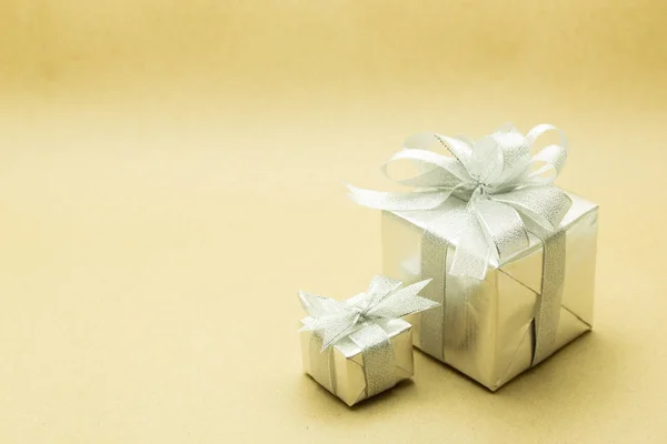 New Year Silver Gift Box Brown Background — Stock Photo, Image