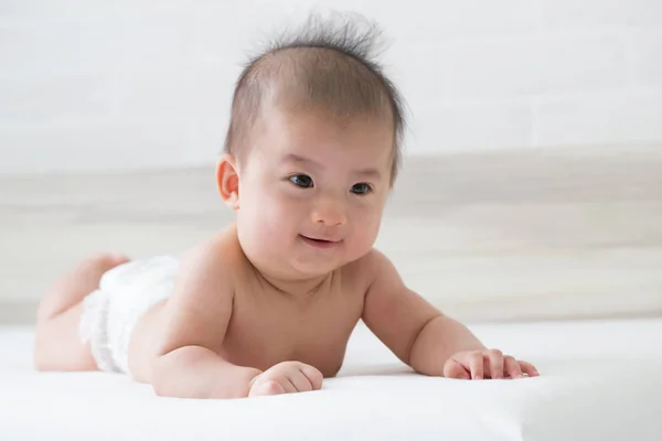 Happy Laughing Baby Boy White Bed — Stok Foto