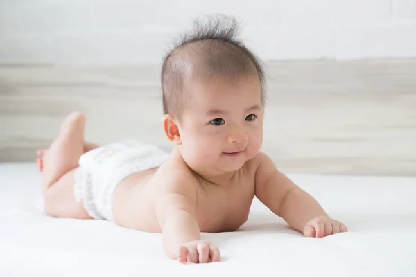 Happy Laughing Baby Boy White Bed — Stok Foto