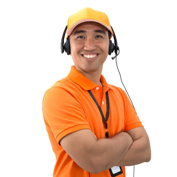 白い背景の笑顔若いアジア男性テクニカル サポート — ストック写真