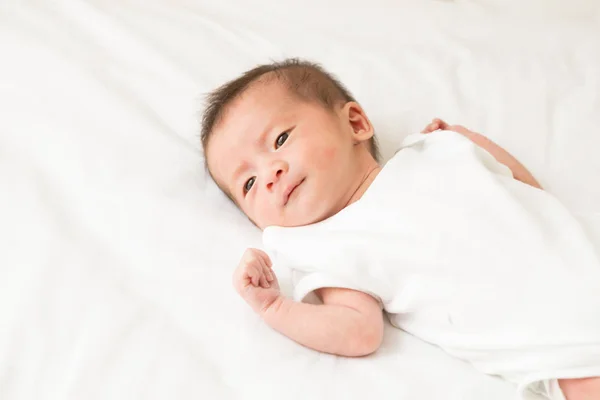 Smiling Baby Boy Lying Bed Sleeping White Sheet — Stok Foto