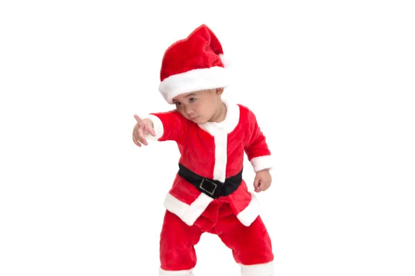 Asiático Bebê Menino Traje Natal Papai Noel Apontando Dedos Mostra — Fotografia de Stock