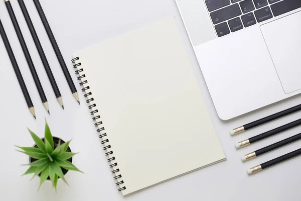 Top view of business office on black background with empty space for text information